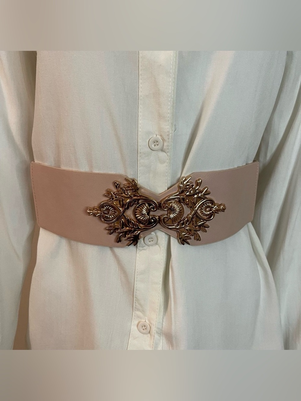 Blush pink faux leather chunky buckle elastic waistband belt